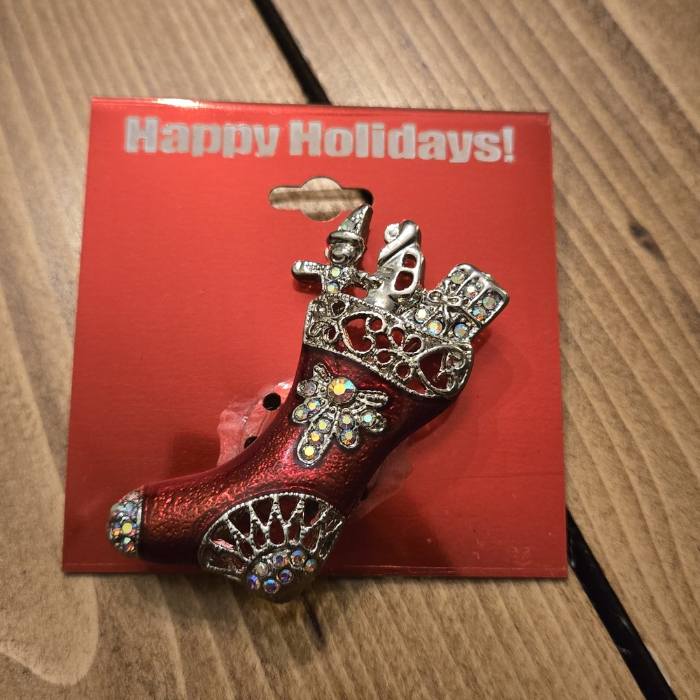 Vintage Festive Red Enamel Crystal Christmas Holiday Stocking Brooch